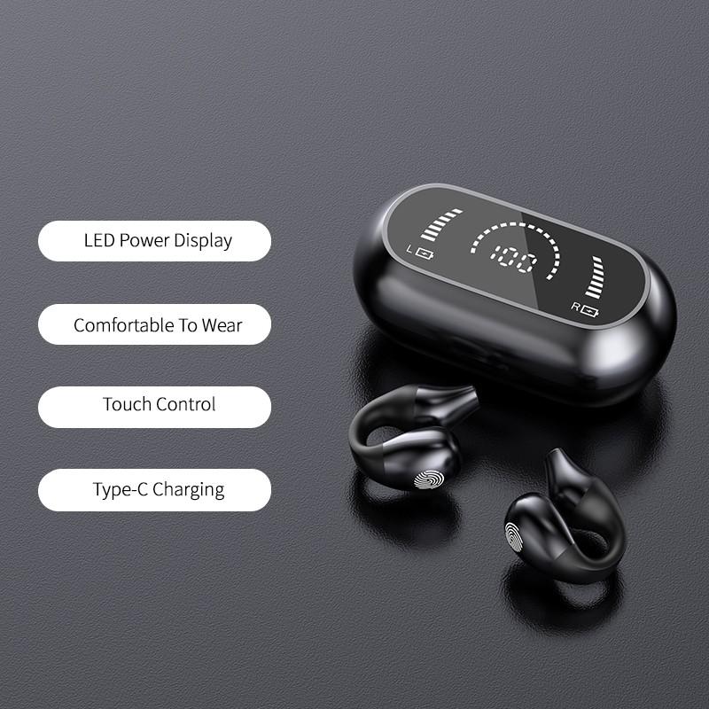 Close up of the open-ear bluetooth headset resting on an ear
