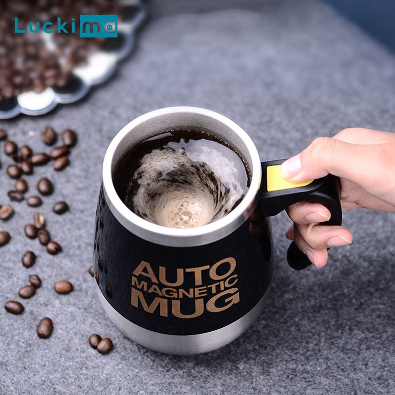 Self-stirring mug blending a frothy coffee on a desk