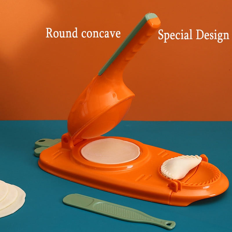 Compact 2-in-1 dumpling making tool easily stored in a drawer.