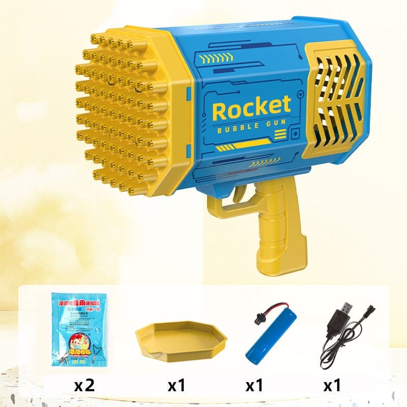 Yellow rechargeable bubble gun being held by a child.