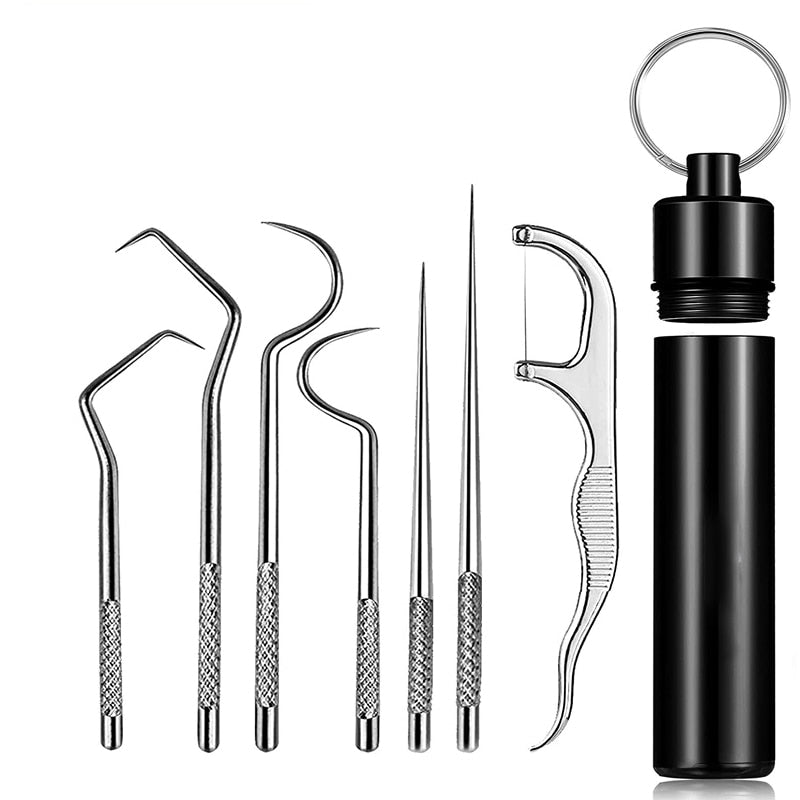Stainless steel reusable toothpick next to its portable protective case