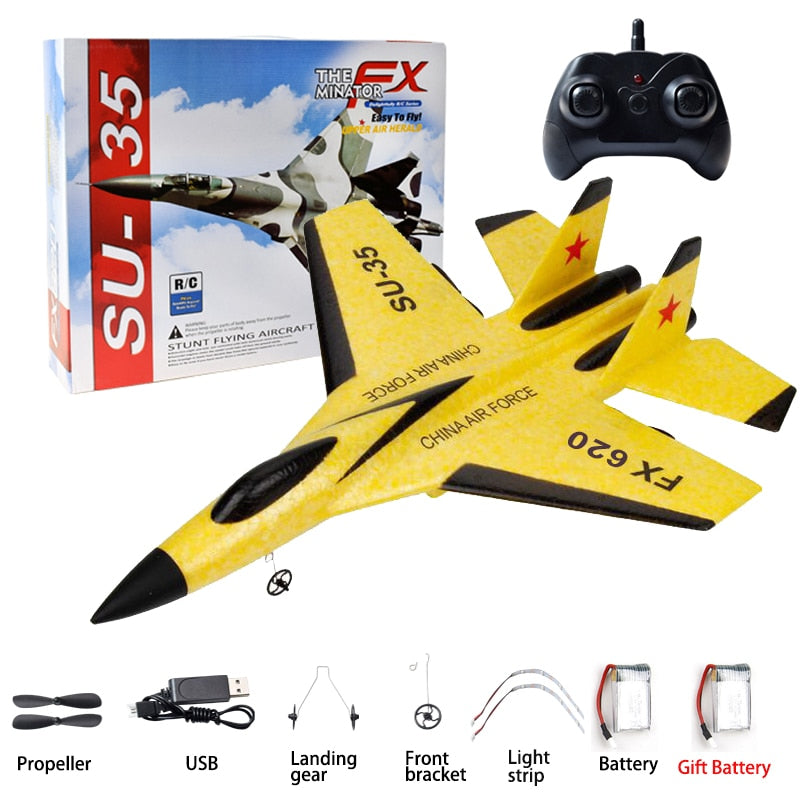 Yellow beginner RC plane ready for takeoff