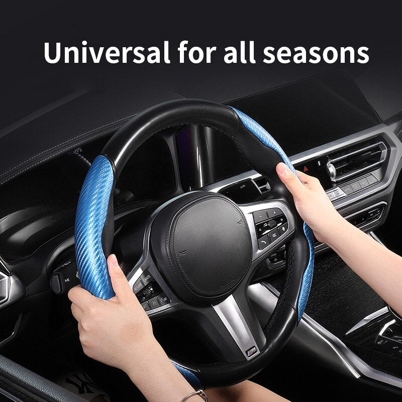 Hand gripping the snap-on steering wheel cover while driving