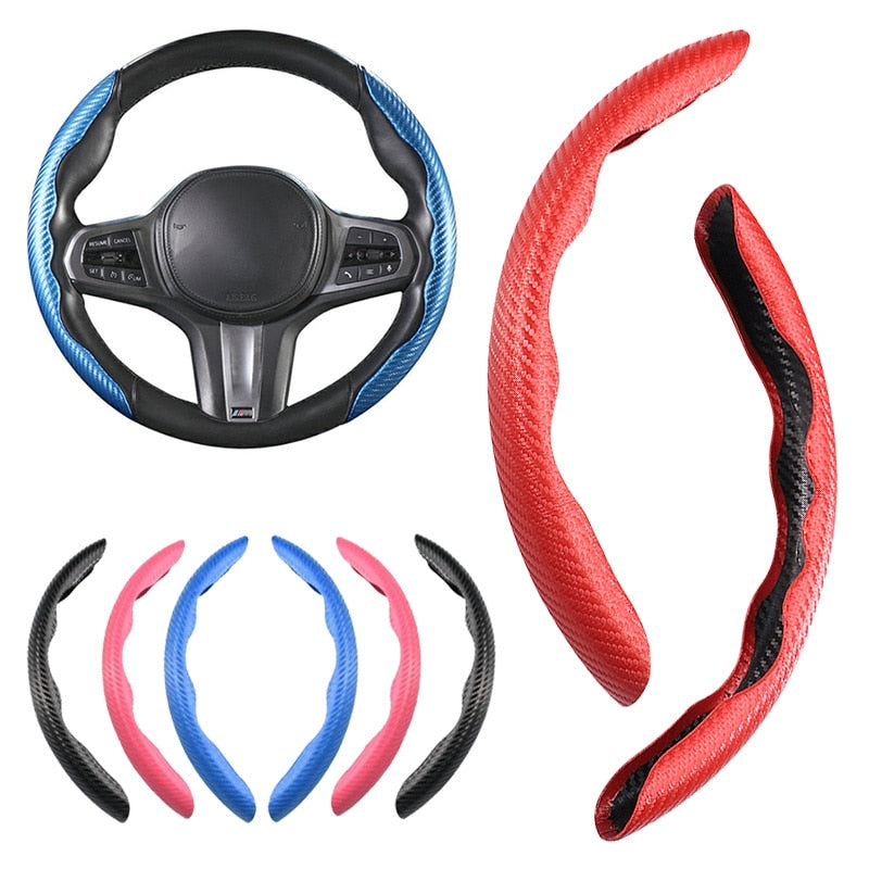 Snap-on carbon fiber steering wheel cover installed on a car wheel