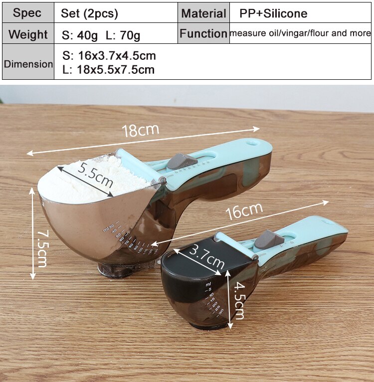Single large blue measuring tool resting on a wooden board.
