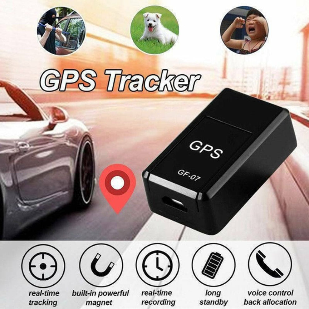 Small black magnetic GPS tracker on a white background