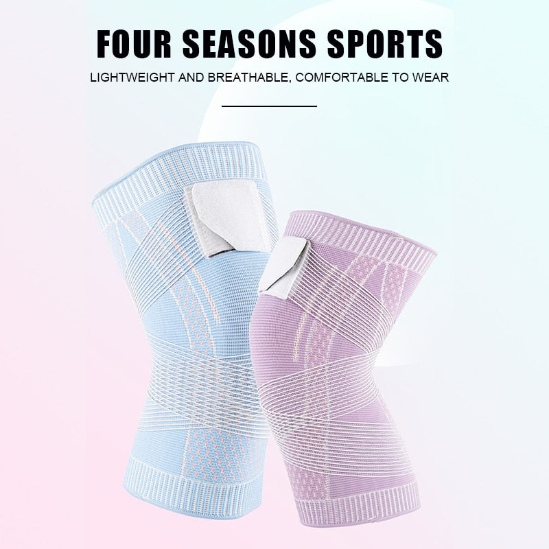 Blue athletic knee compression sleeve for active gym workouts.
