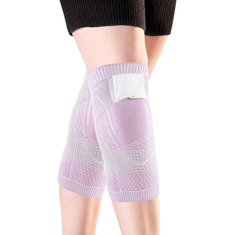 Person wearing a sports compression knee sleeve while running outdoors.