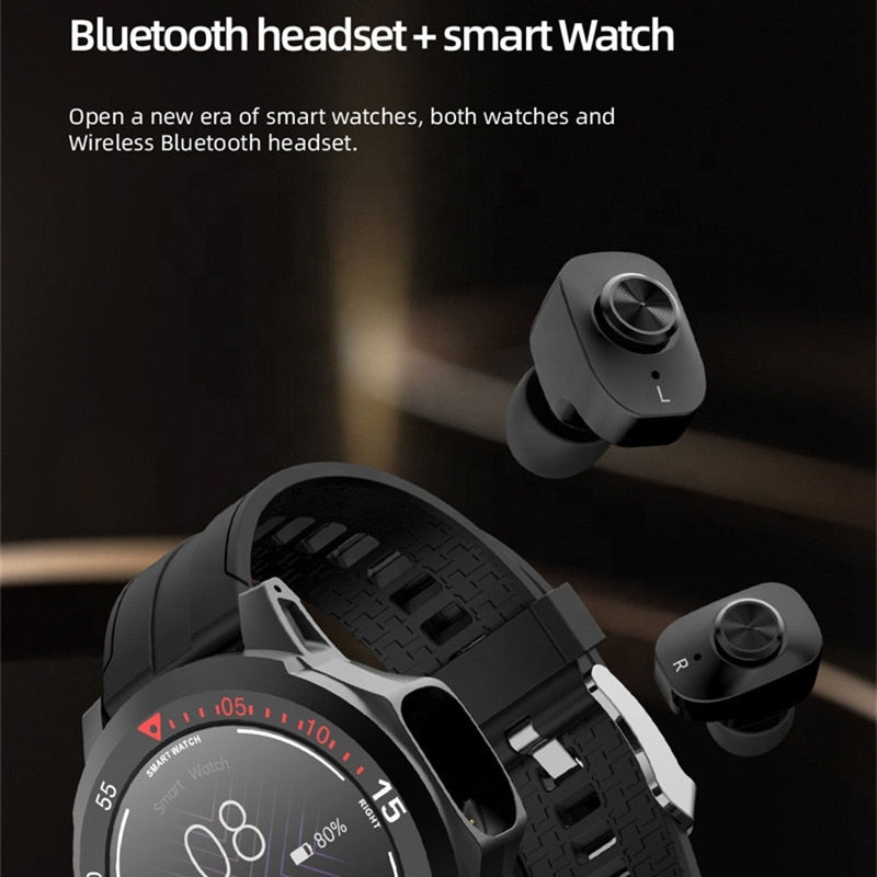 Red smartwatch and its built in earbuds displayed neatly on a white background