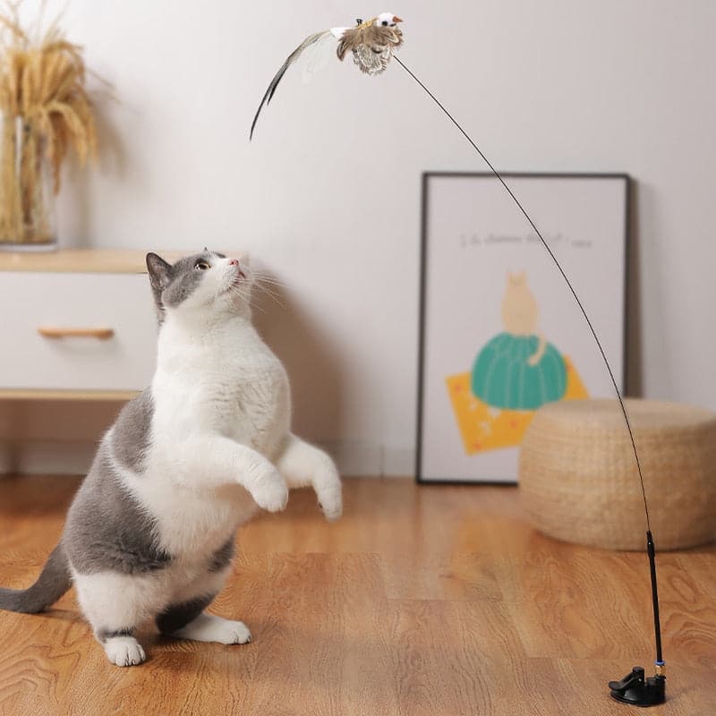 Cat jumping to catch the realistic fluttering bird toy