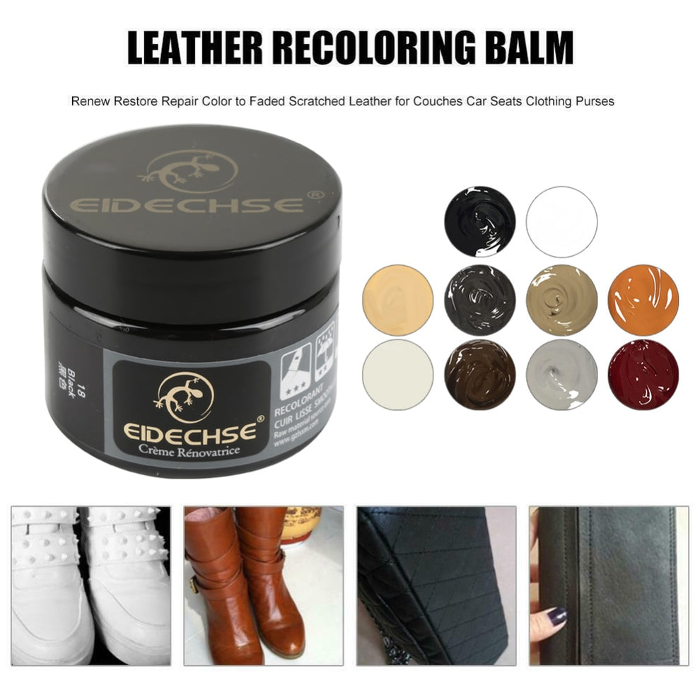 Applying leather color repair kit to a scratched sofa.