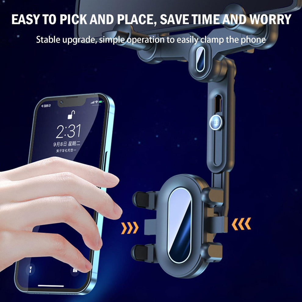 Secure clip holding a smartphone on a rearview mirror